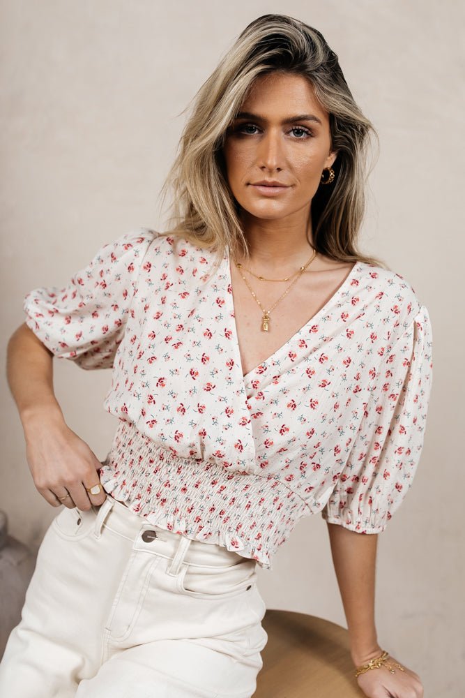 short sleeve cropped blouse with flowers