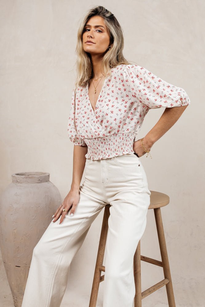 cropped blouse with short puff sleeves