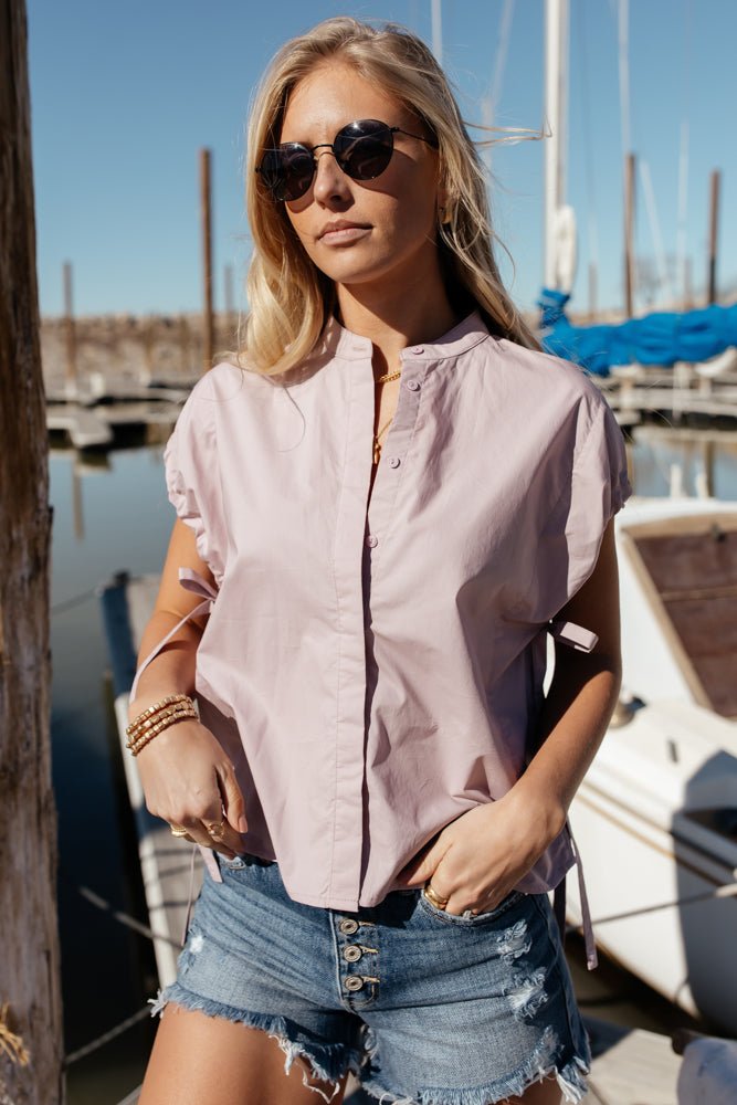 oversized lavender top with short sleeves