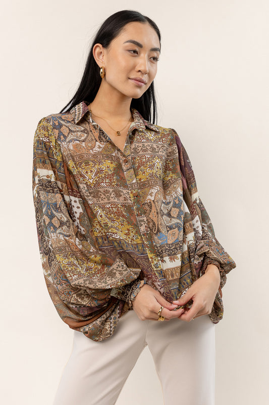 printed blouse with balloon sleeves