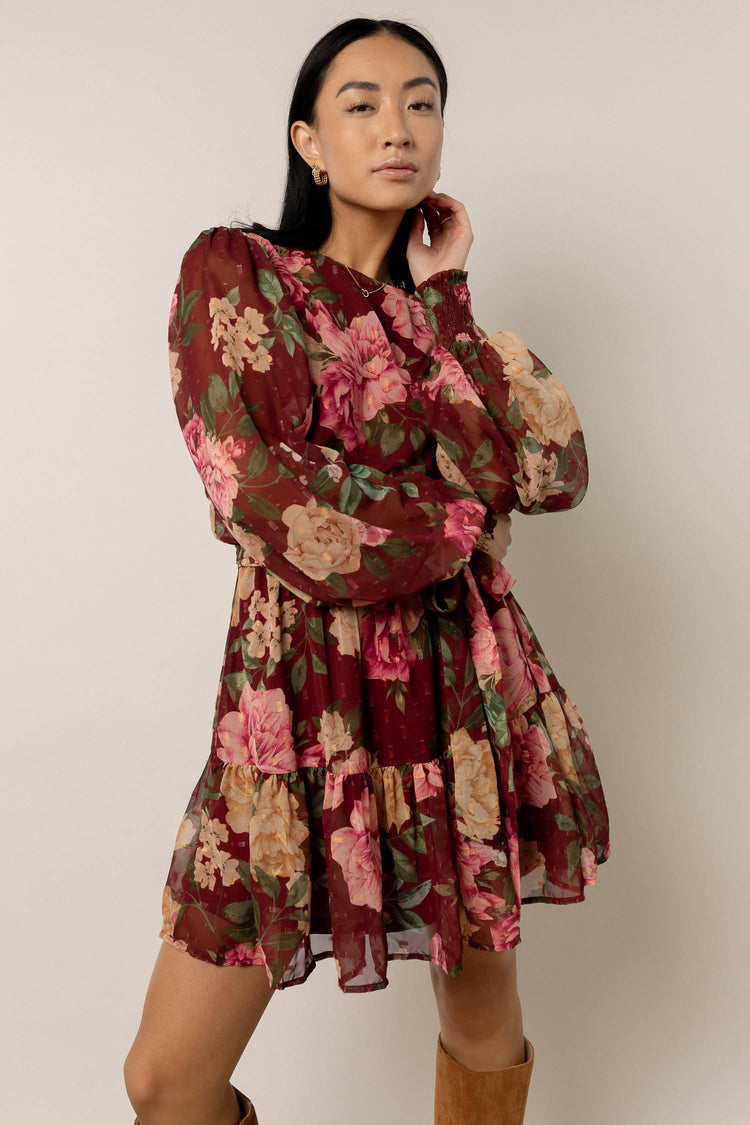 floral burgundy dress with balloon sleeves