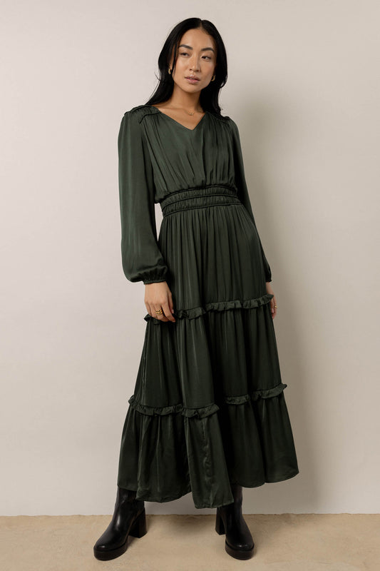 model wearing long sleeve hunter green tiered maxi dress paired with black boots