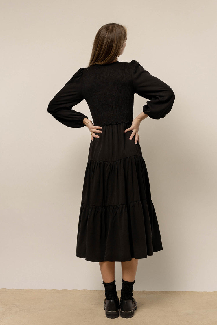 black midi dress with cinched waist