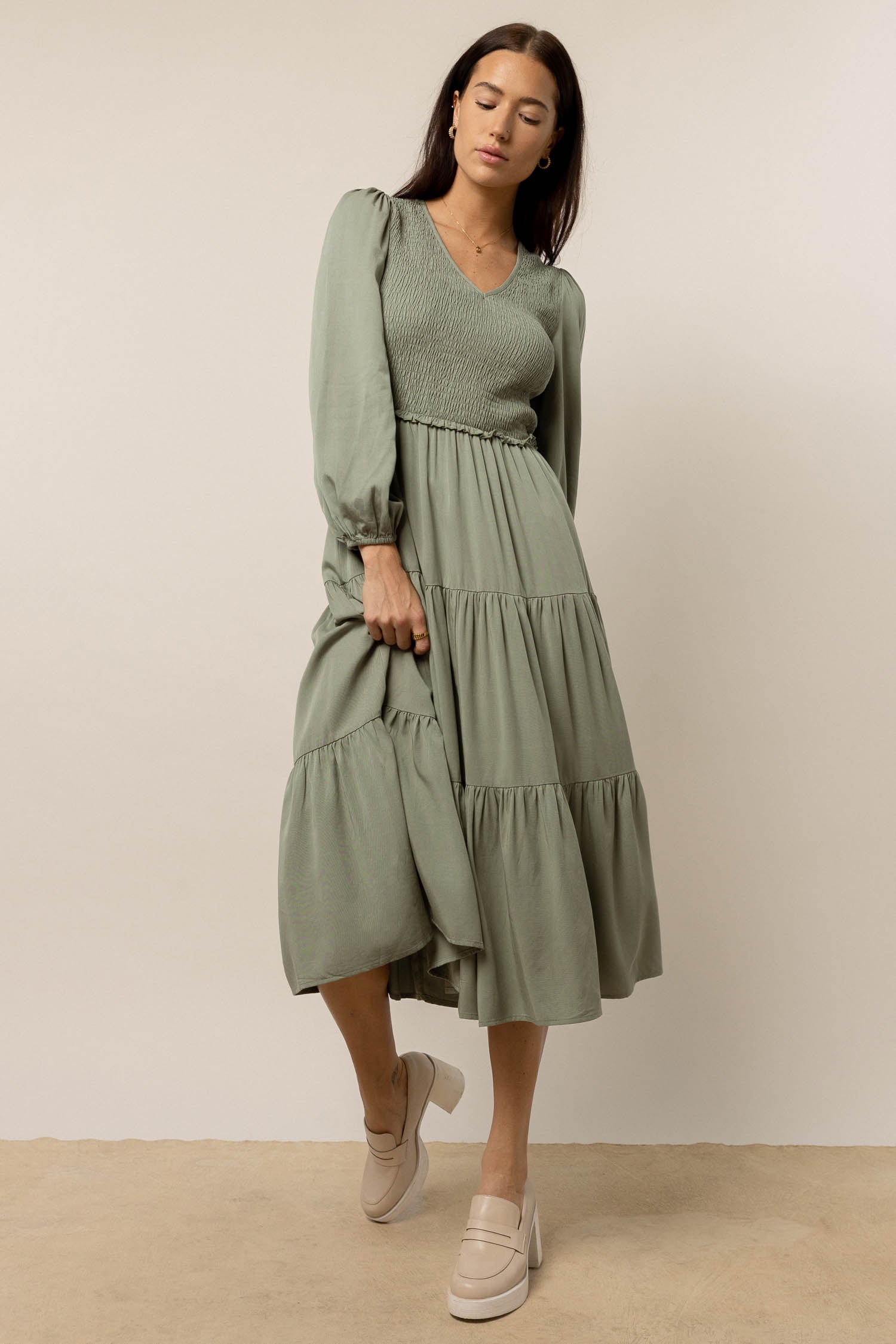 Smocked Tiered Midi Dress in Sage - FINAL SALE | böhme