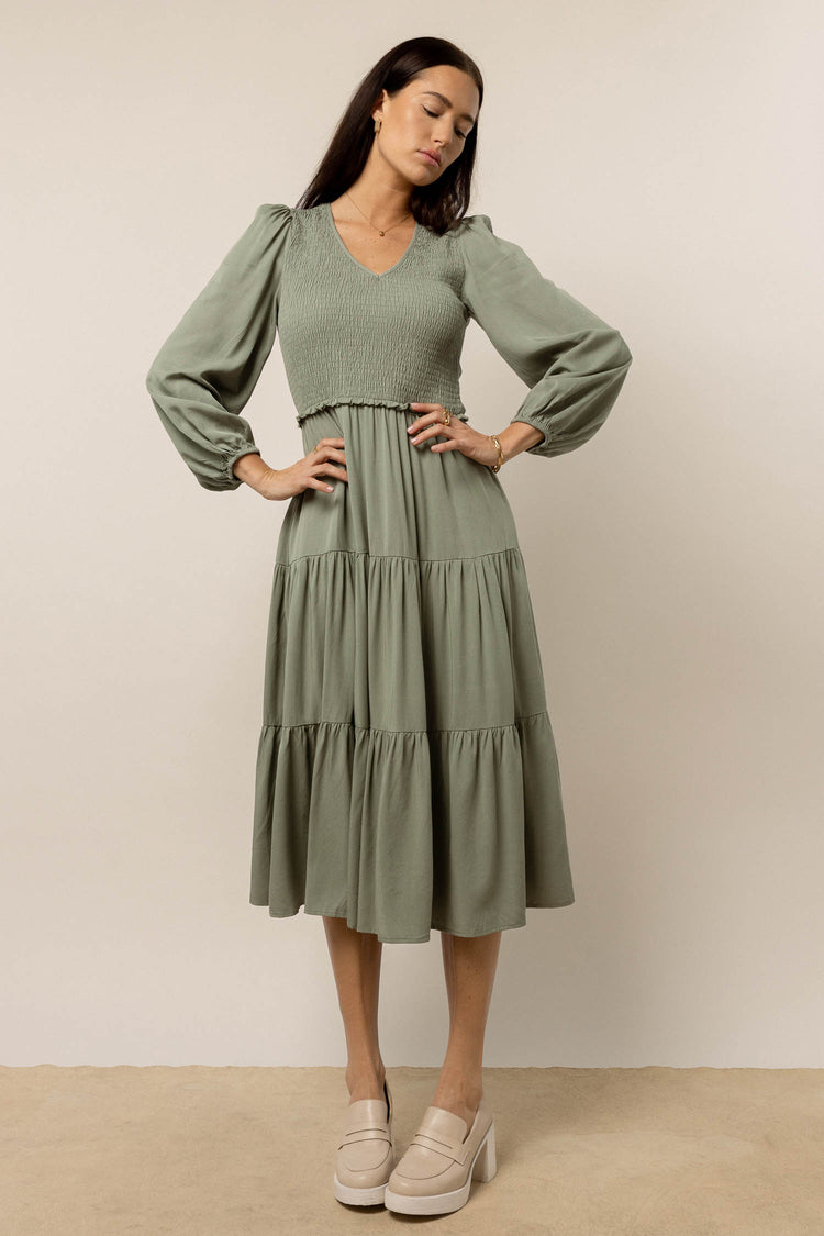 Smocked Tiered Midi Dress in Sage