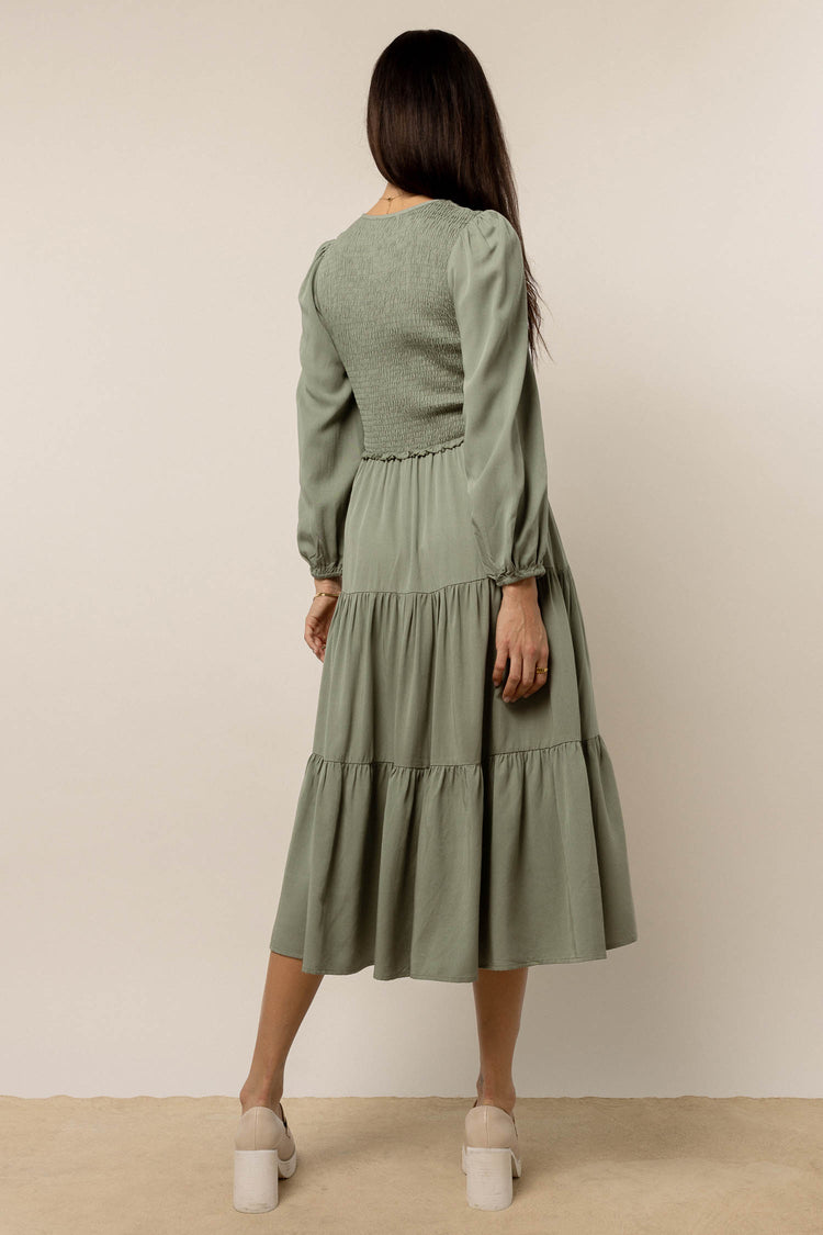 Smocked Tiered Midi Dress in Sage