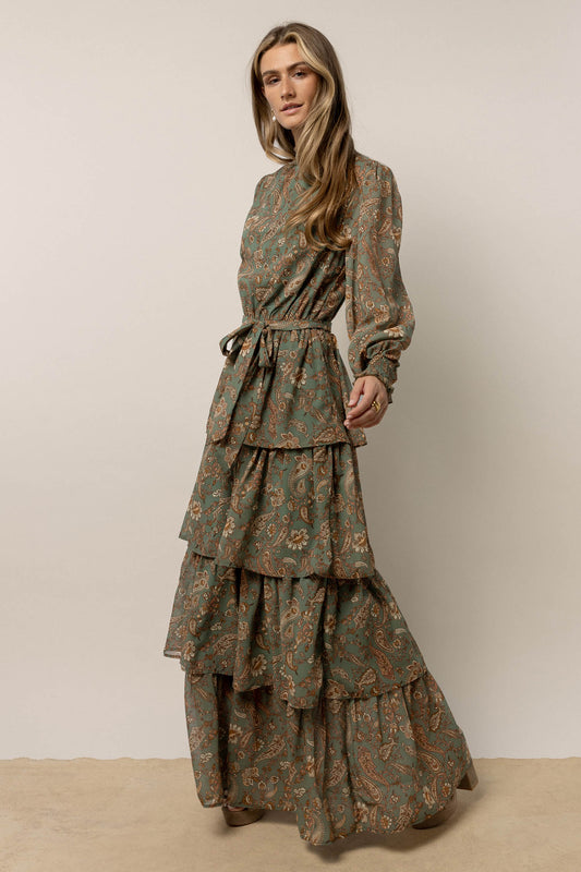 sage dress with paisley detail