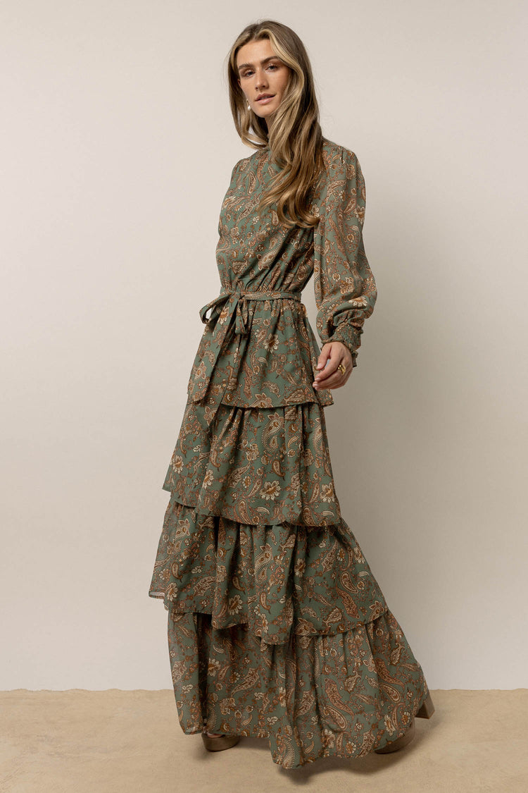 sage dress with paisley detail