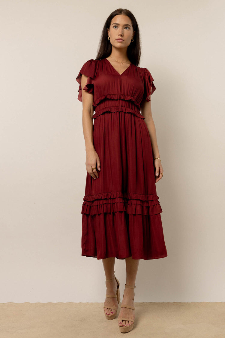 brick ruffle midi dress with short sleeves