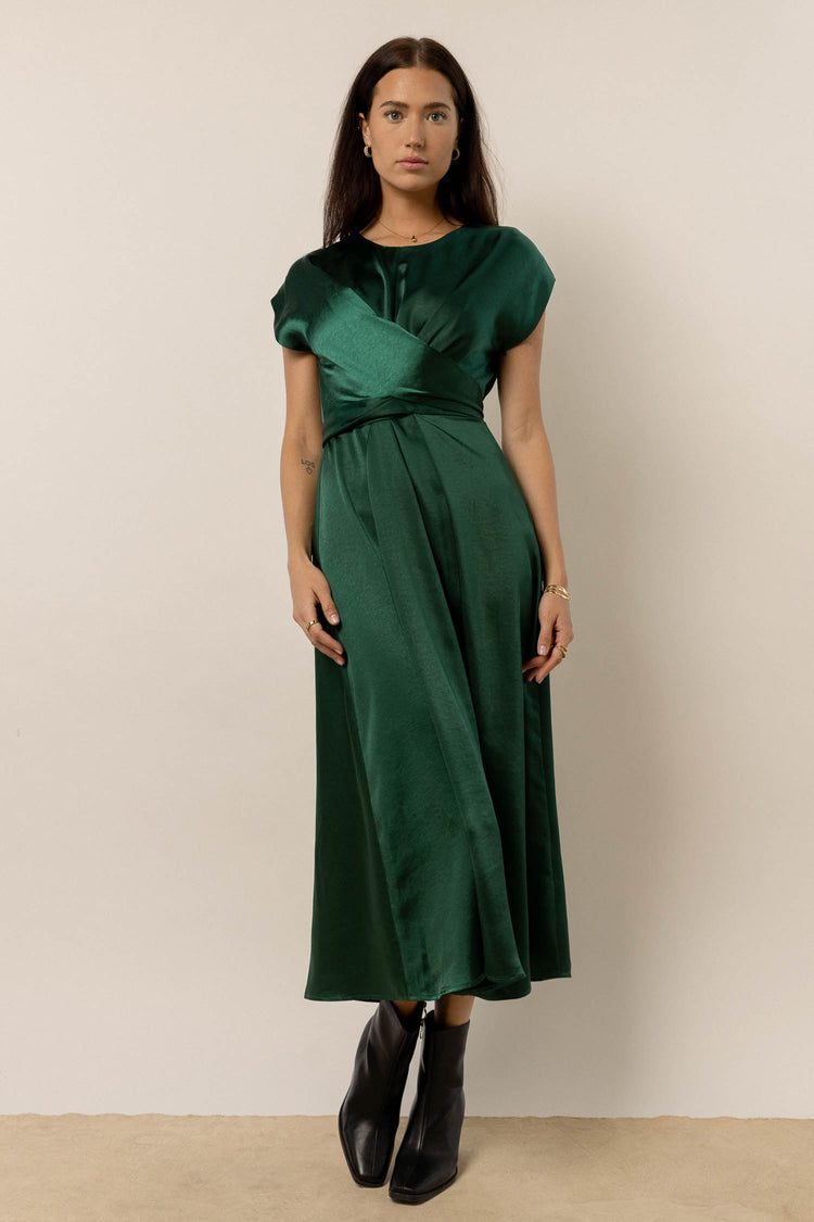 emerald dress with wraparound detail