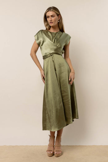 green midi dress with wraparound detail