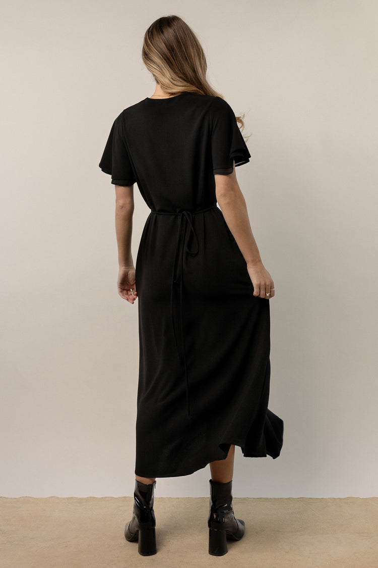 black midi dress with sheer sleeve detail