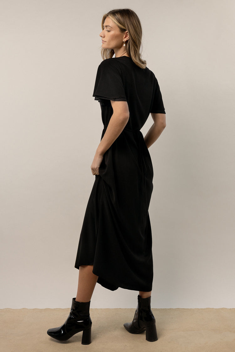 black midi dress with flutter sleeves