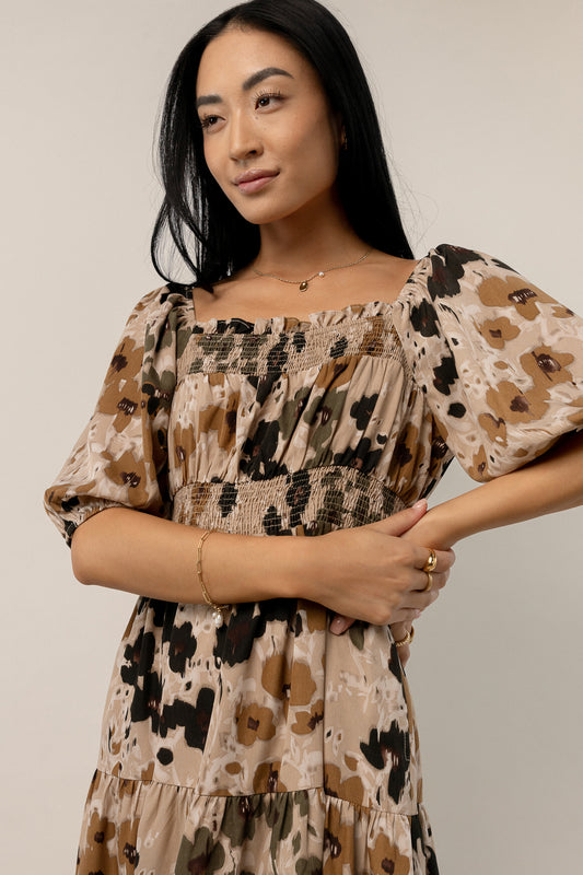 floral dress with square neckline and puffed sleeves