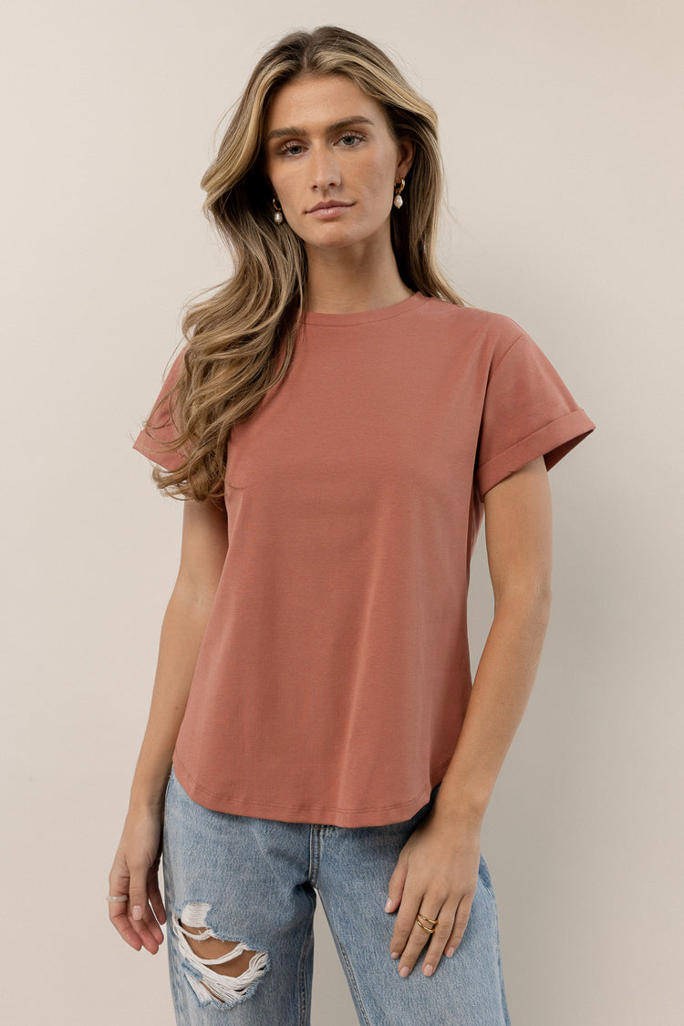 terracotta t-shirt with rolled sleeve detail
