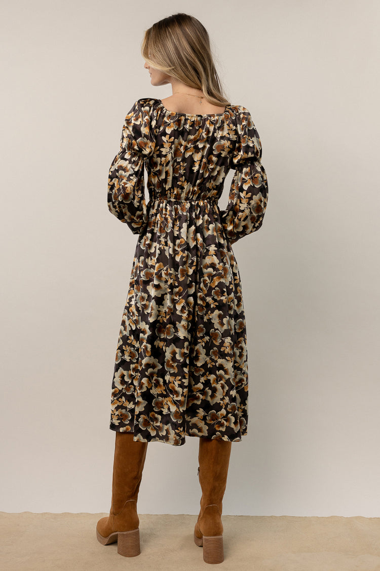 long sleeve patterned dress with cinched waist