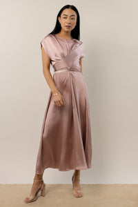 cap sleeve mauve satin dress