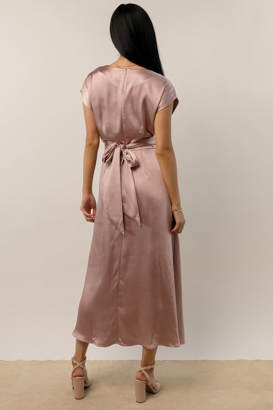 mauve satin midi dress with wraparound detail