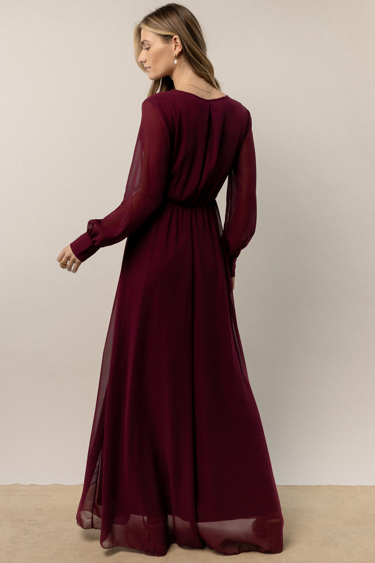 burgundy dress with sheer sleeves