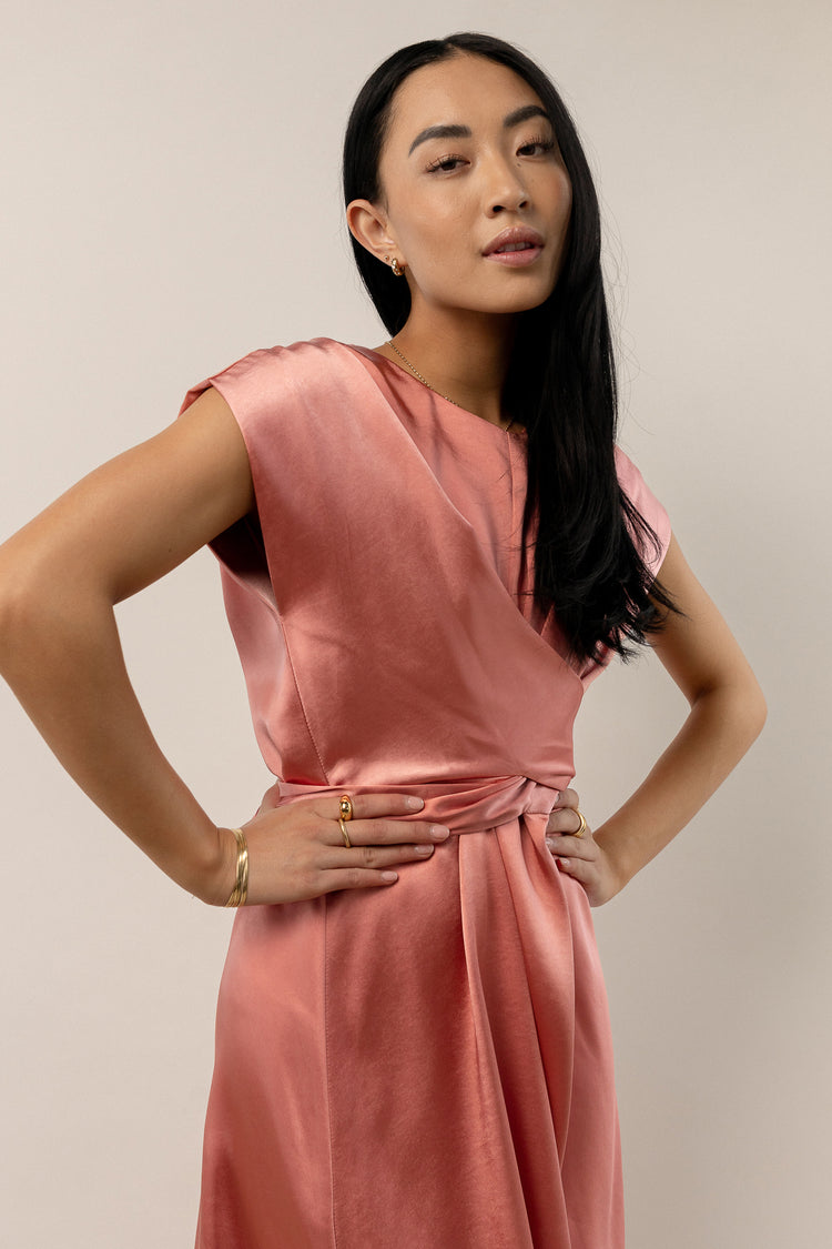 pink satin dress with cap sleeves