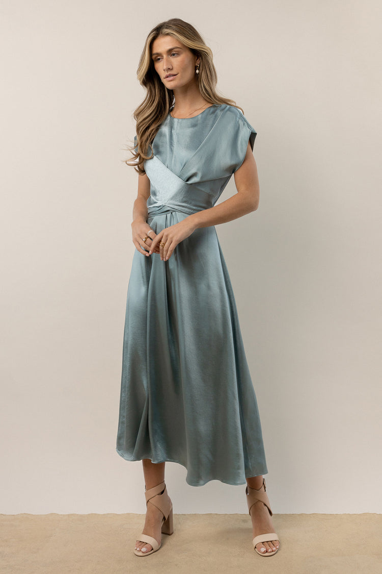 blue midi dress with front crisscross detail
