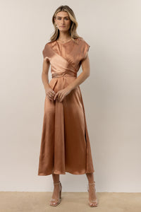 copper satin dress with crisscross tie 