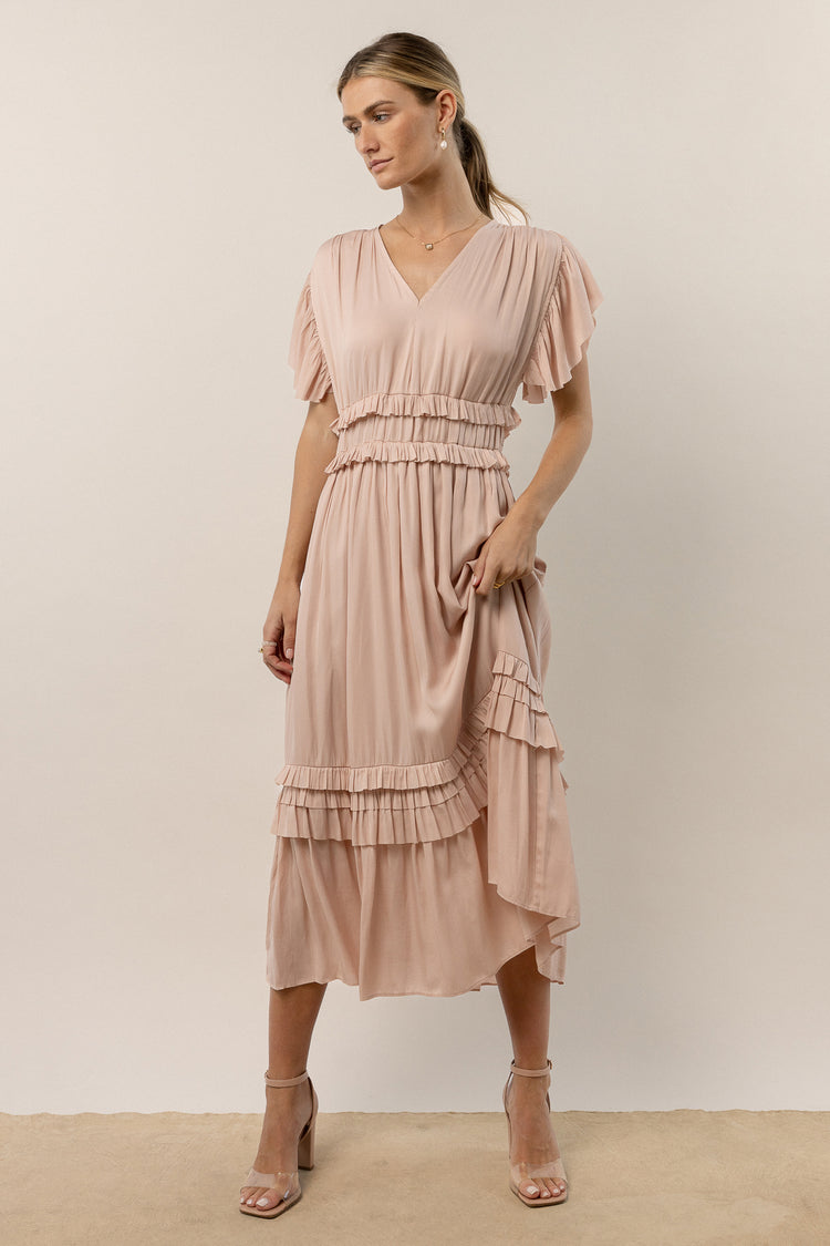 rose midi dress with ruffle details 