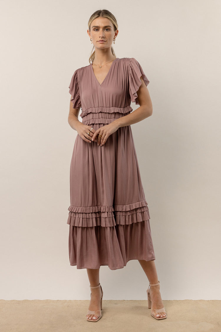 lavender short sleeved ruffle dress