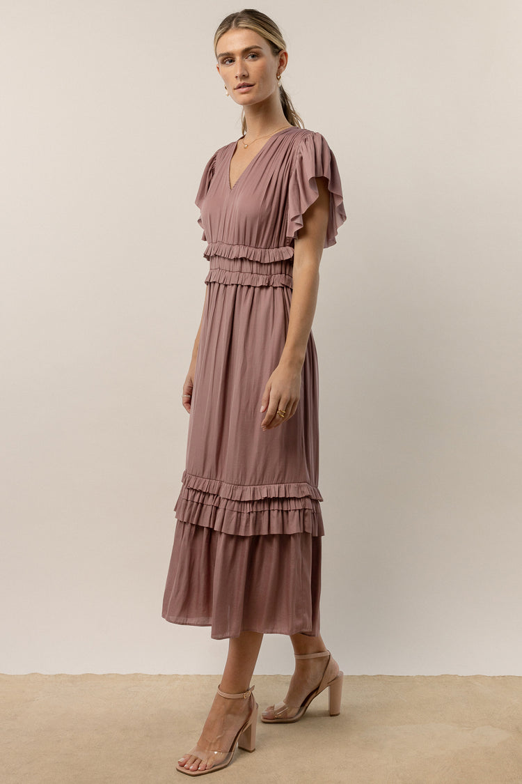 lavender ruffle midi dress with short sleeves