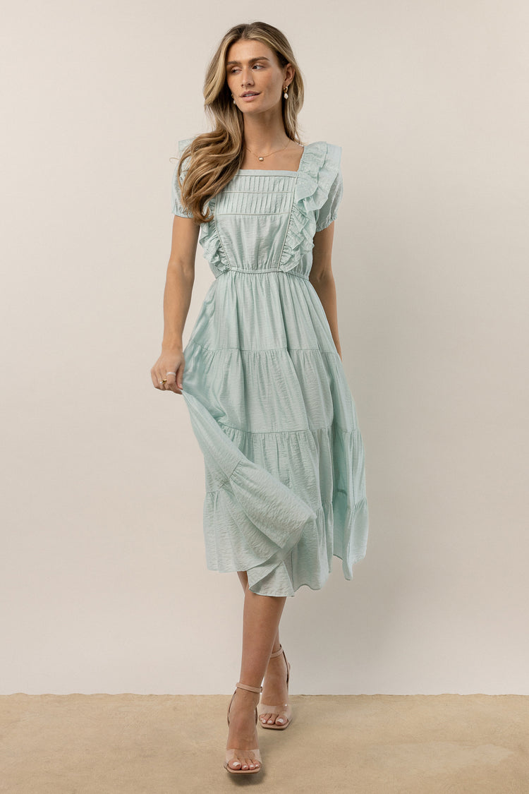 mint short sleeve midi dress with ruffle details