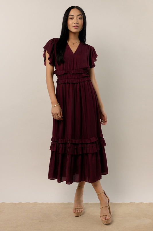 model wearing burgundy midi ruffle dress with short sleeves