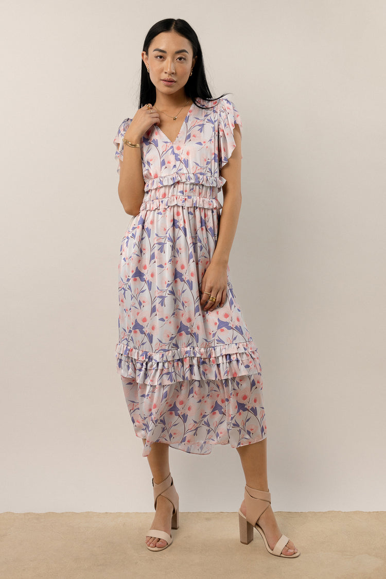 patterned midi dress with flutter sleeves