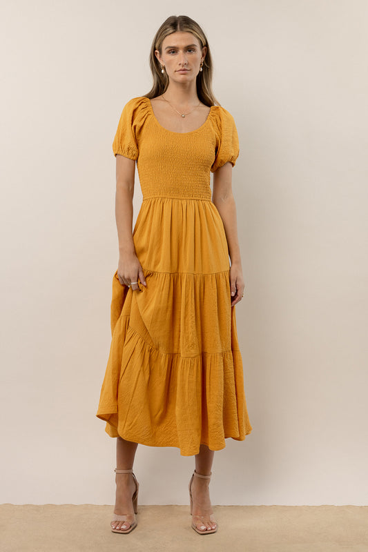 yellow short sleeve midi dress