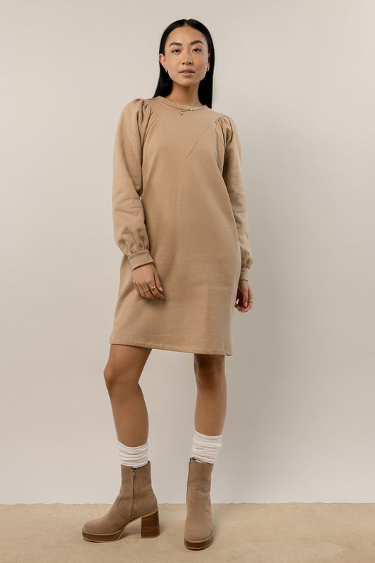 tan sweater dress with round neck