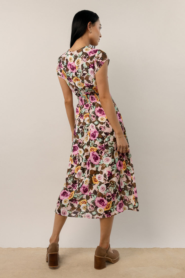 patterned midi dress with cinched waist 