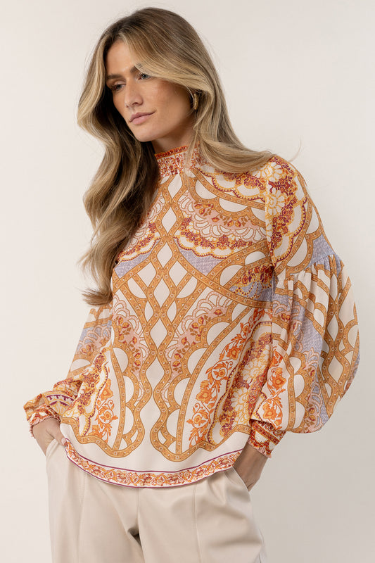 printed blouse with balloon sleeves