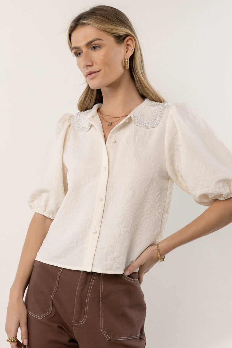 Victoria Pearl Collar Top in Ivory - FINAL SALE
