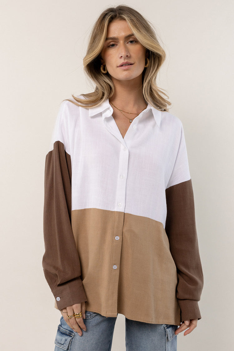 brown and white relaxed fit button up