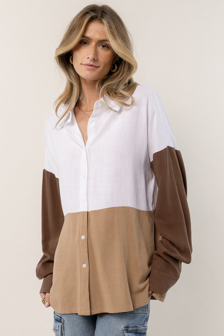 brown color block button up