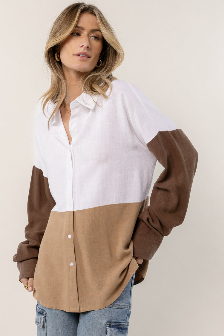 brown button up with long sleeves