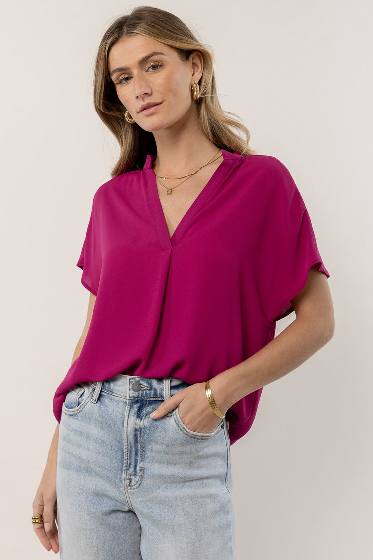 fuchsia blouse with V-neck