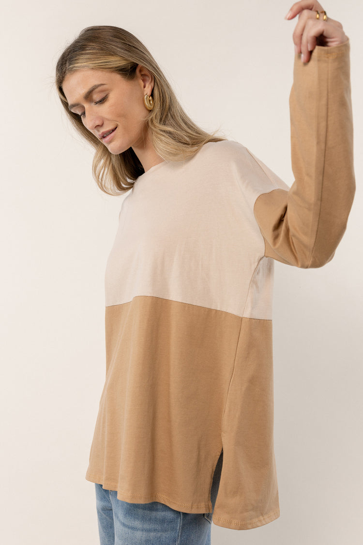 tan top with long sleeves