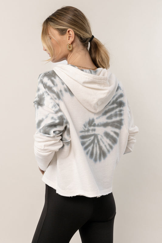 cream hoodie with grey tie dye pattern