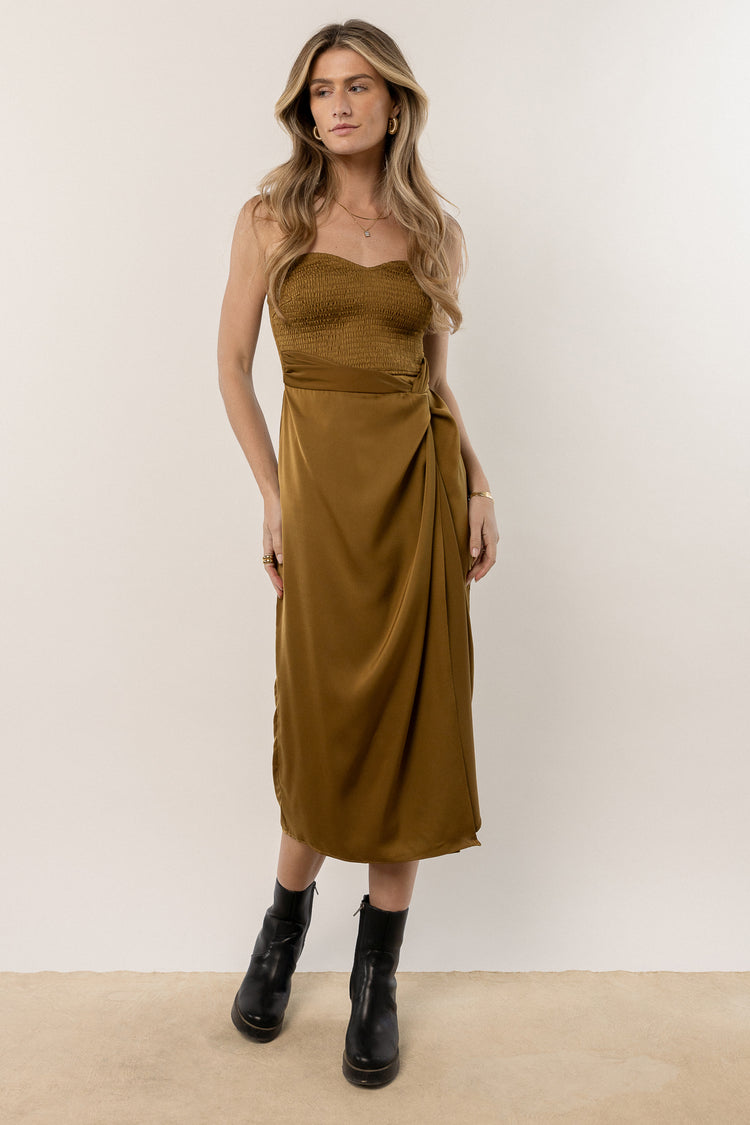 olive sleeveless dress with knotted wrap detail