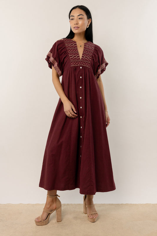 burgundy maxi dress with embroidered detail