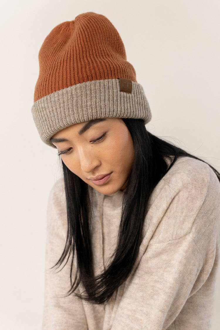 ribbed colorblocked beanie with cuffed hem