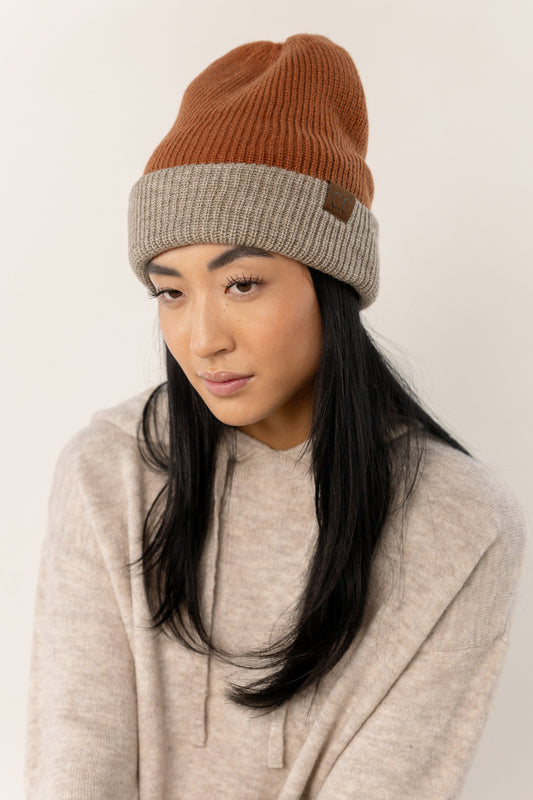 grey and rust beanie