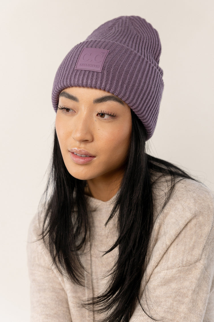 ribbed beanie cap in purple color