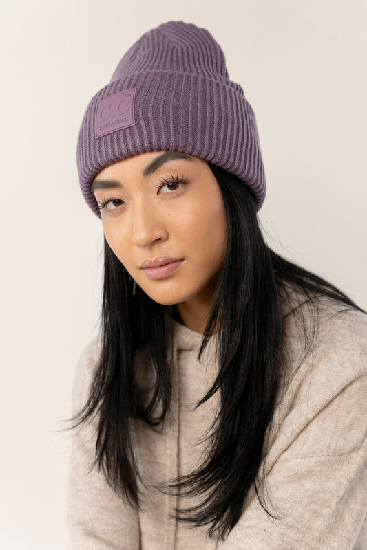 purple beanie with ribbed detailing