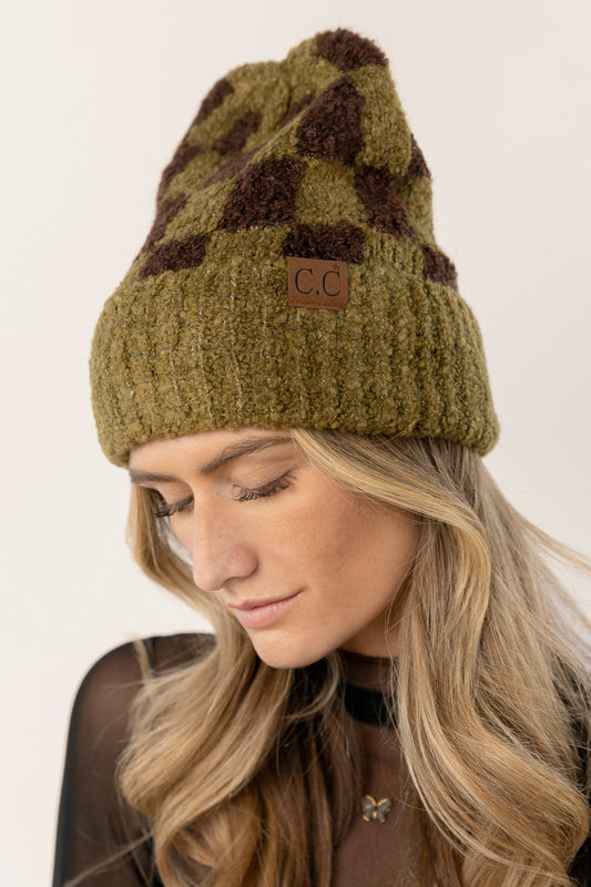 olive and brown checkered beanie
